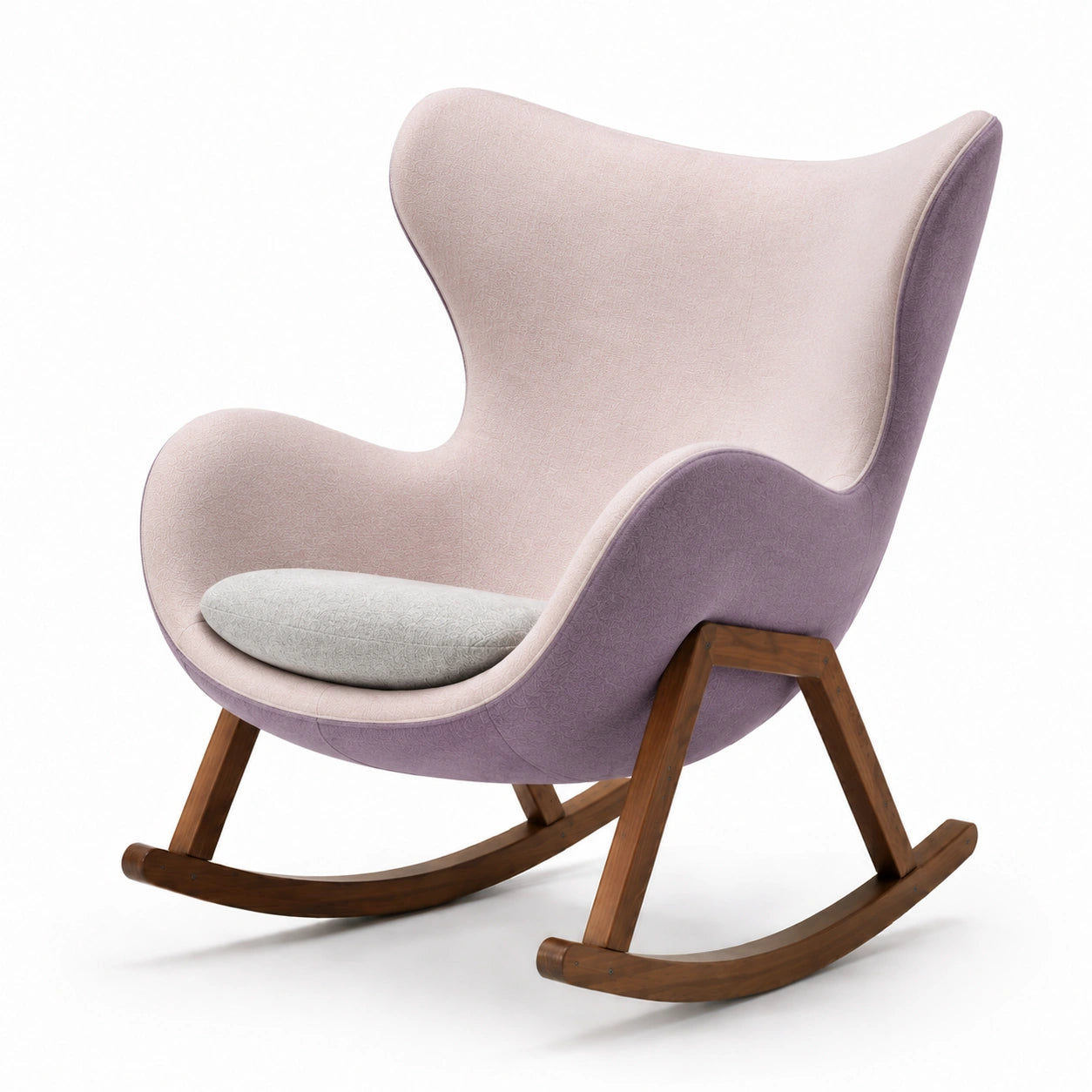 Silla mecedora de tela púrpura con base de madera