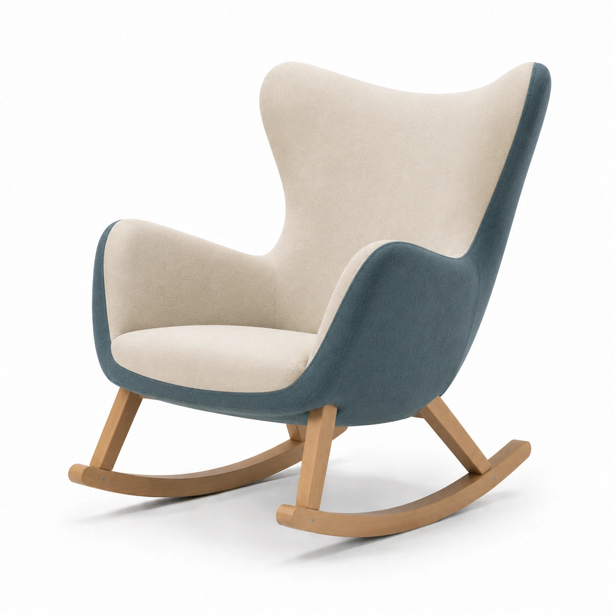 Mecedora de tela beige y azul con estructura de madera