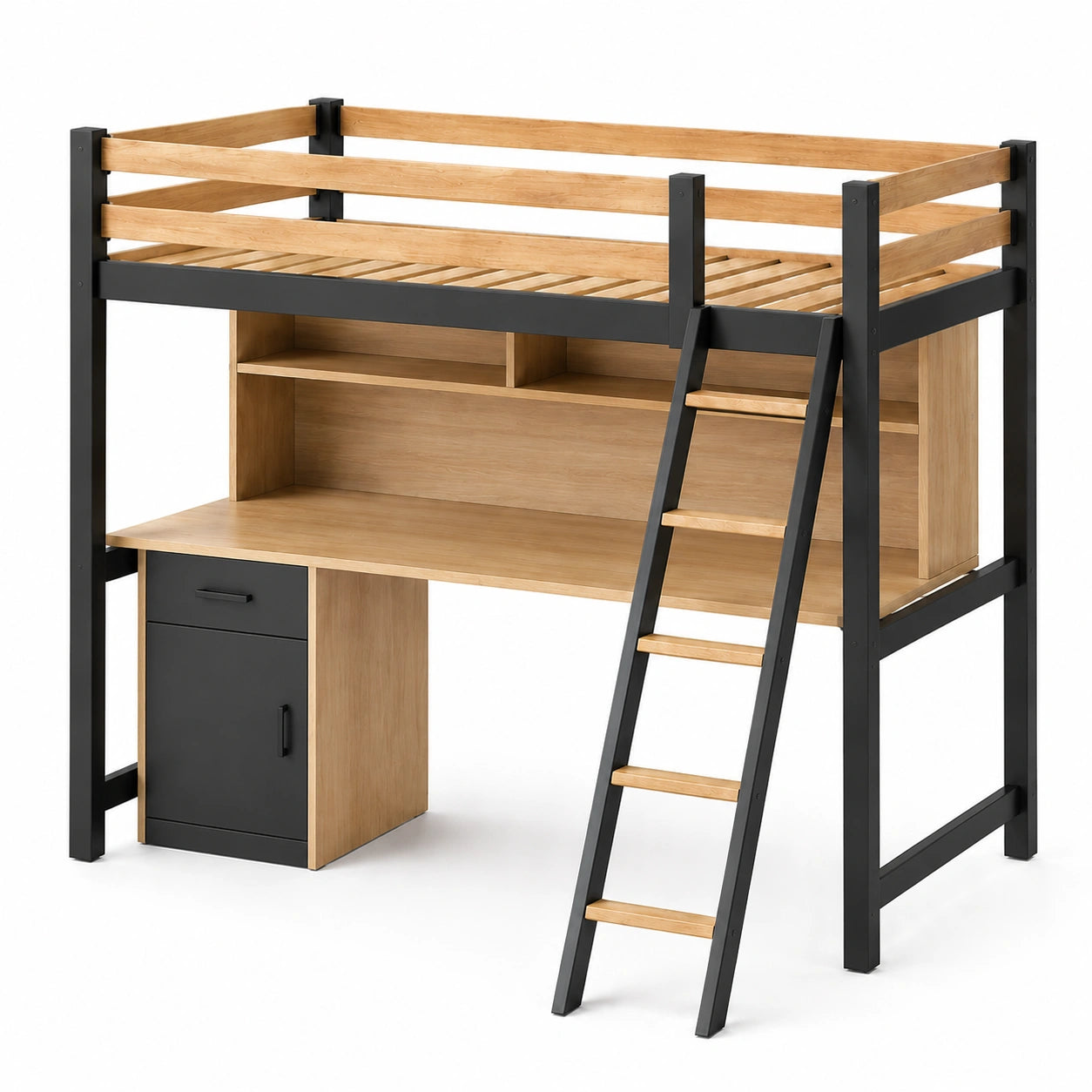Cama alta de madera con escritorio y escalera, 196x95x174 cm