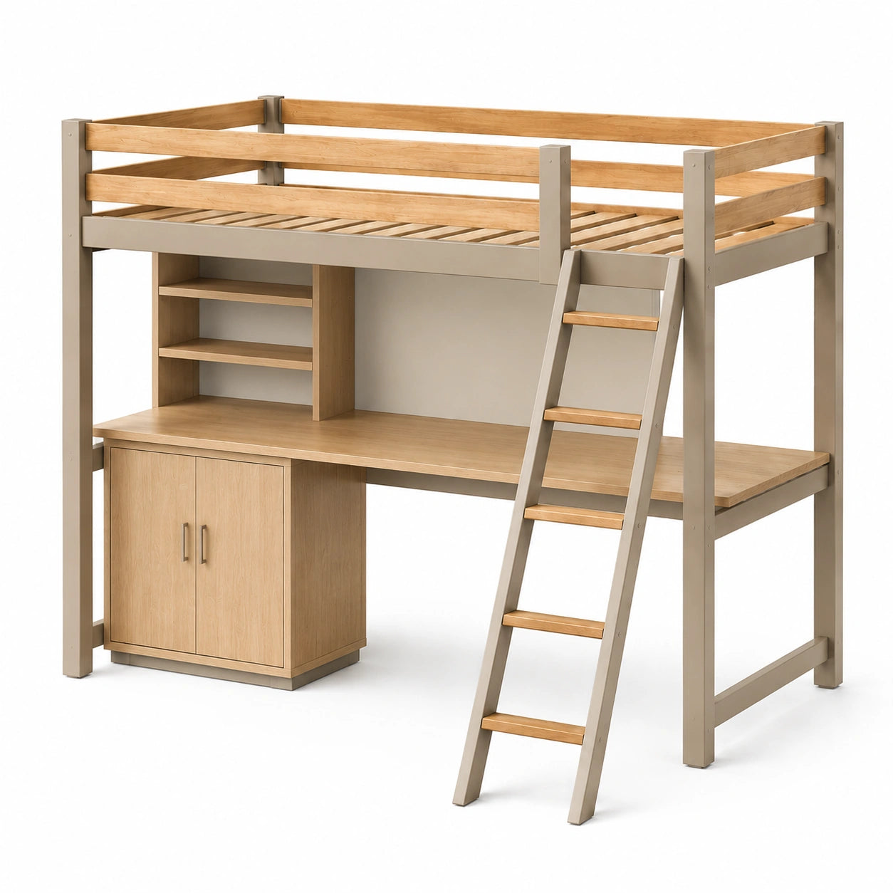 Cama alta con escritorio y cajonera de madera y metal, color Marrón/Blanco
