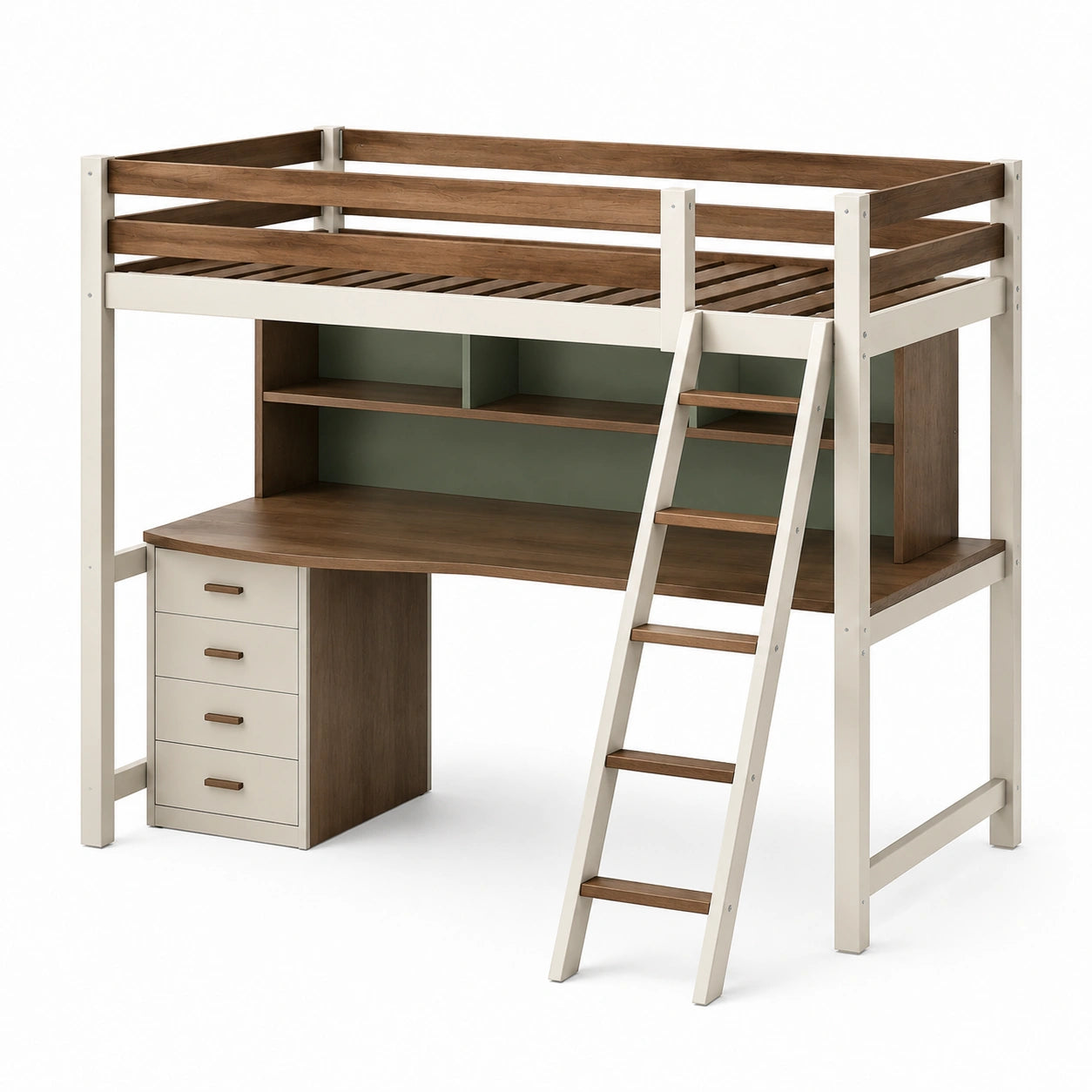 Litera alta de madera y metal con escritorio y estantería