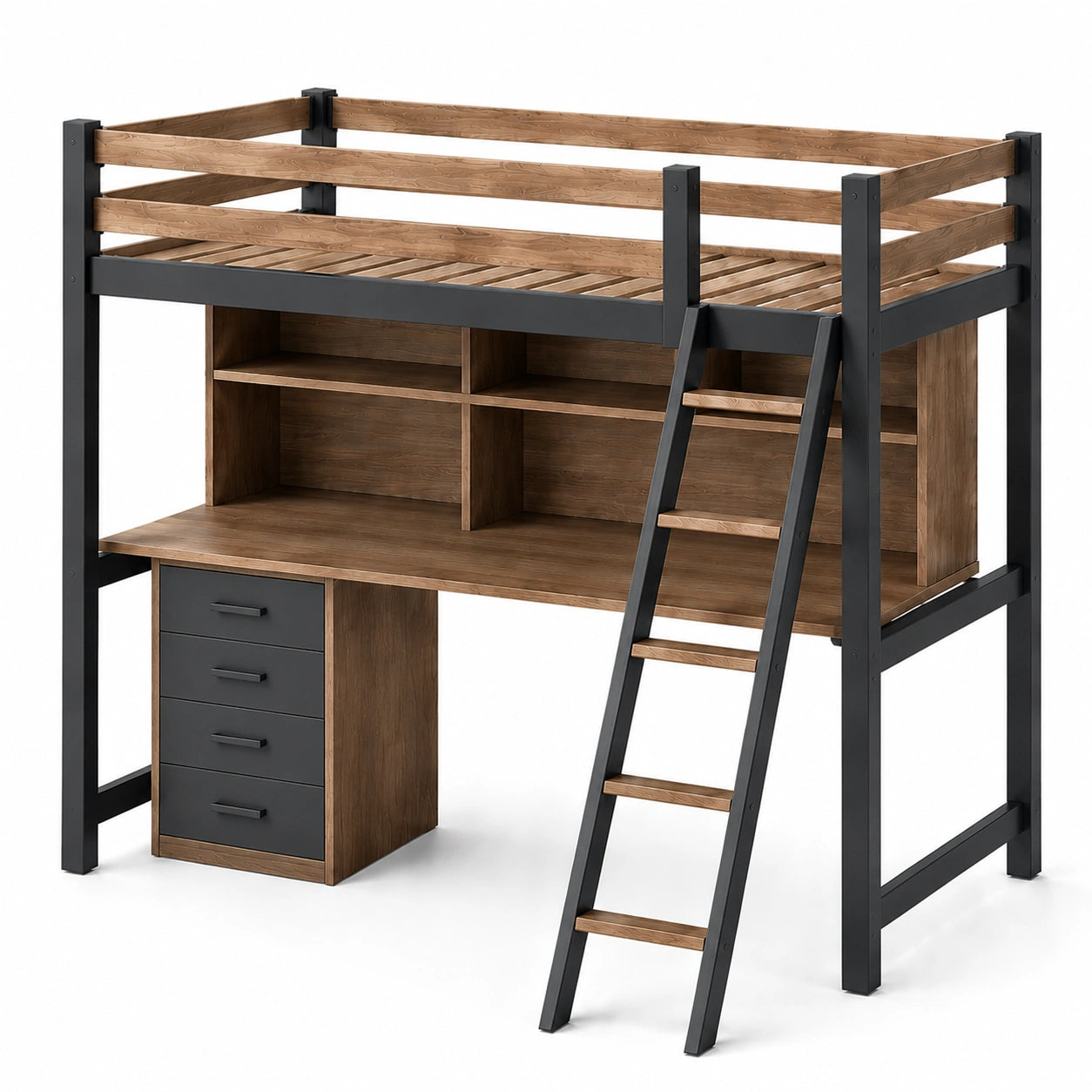 Cama alta de madera y metal con escritorio y cajonera 200x100x180 cm