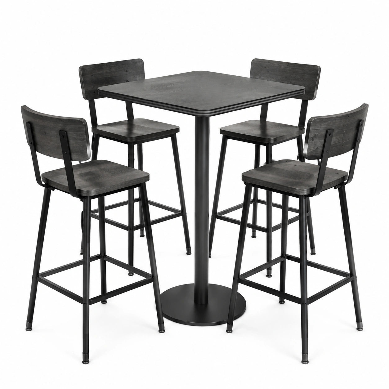 Conjunto de Mesa Alta y Sillas de Madera Oscura y Metal Negro