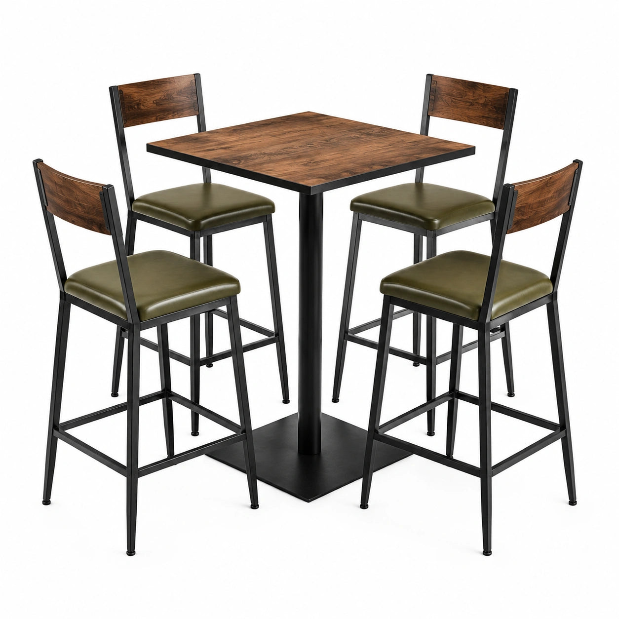 Conjunto de mesa y sillas altas de madera y metal