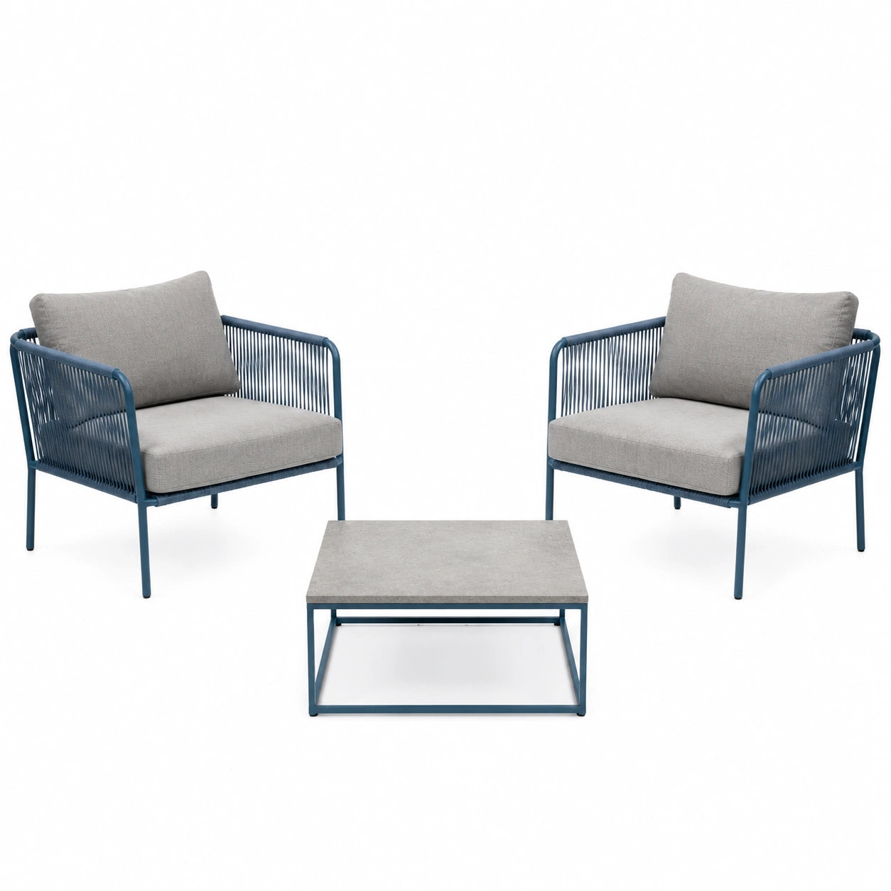 Conjunto de Exterior: 2 Sillas de Aluminio y Cuerda Azul con Mesa de Madera