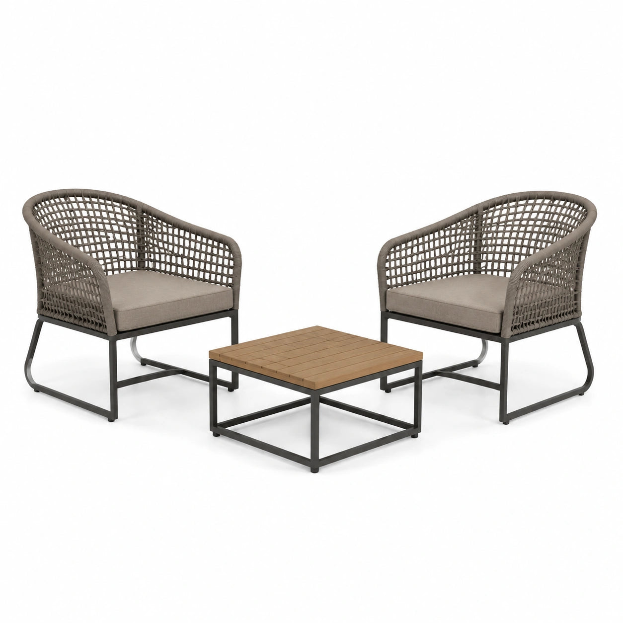 Conjunto de muebles de exterior de 3 piezas - 2 sillas con cuerda y madera de teca, 1 mesa cerámica