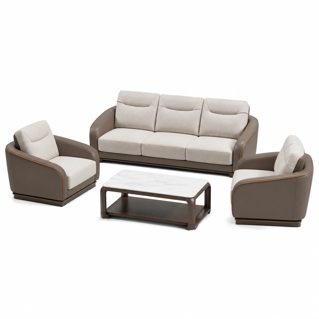 Conjunto de Sofás de Sala de Cuero Sintético, Blanco y Gris, Incluye Sofá 3 Plazas, Sillones y Mesa