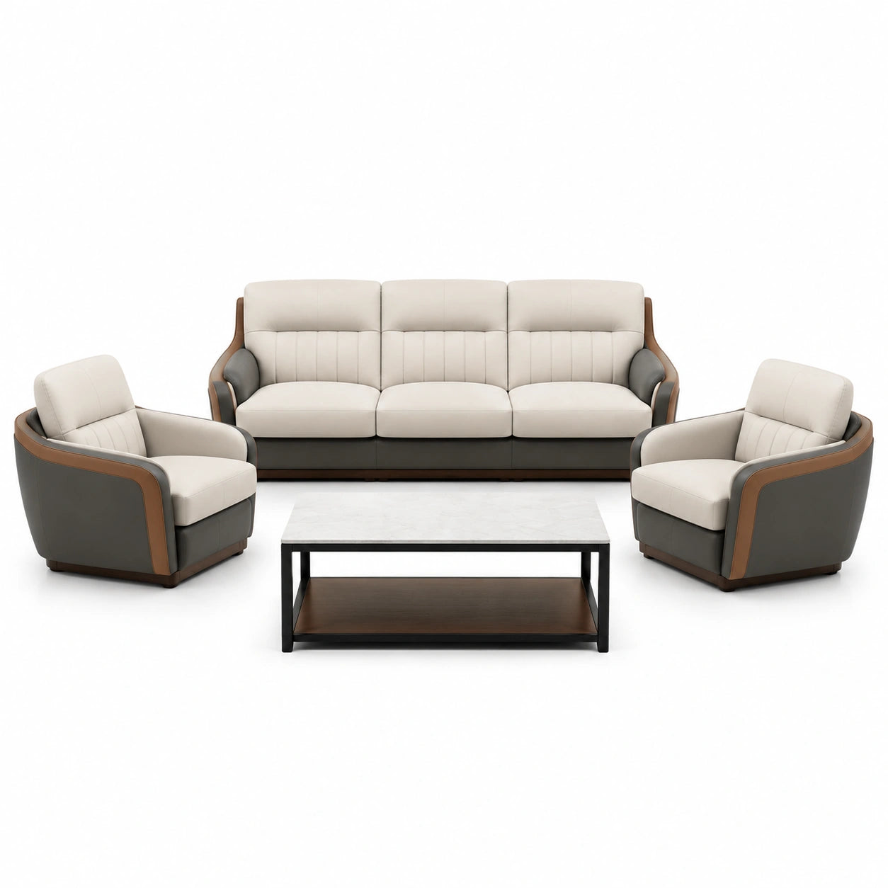 Juego de Sofás 3+1+1 con Mesa de Centro de Cuero Sintético y Madera