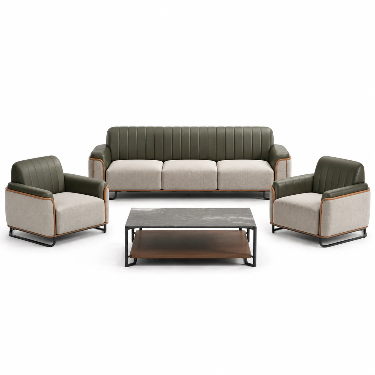 Juego de Sofás de Cuero Sintético Beige y Gris con Mesa de Centro