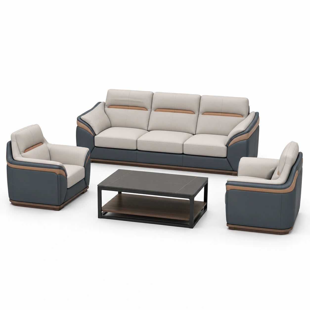 Conjunto de muebles de sala en cuero sintético gris y marrón con mesa de centro
