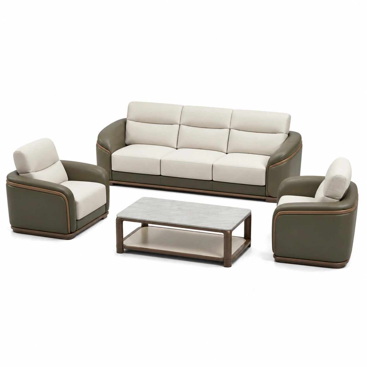 Conjunto de Sofás Beige y Verde de Tela y Cuero PU con Mesa de Centro de Mármol