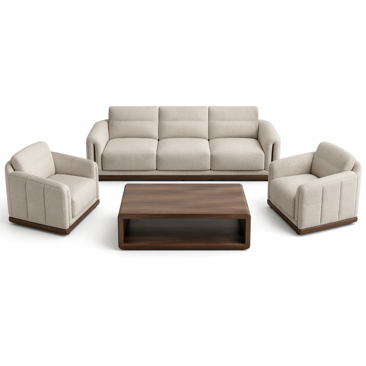 Conjunto de Sofás de Tres Plazas y Dos Individuales con Mesa de Centro de Madera y Mármol Beige y Verde