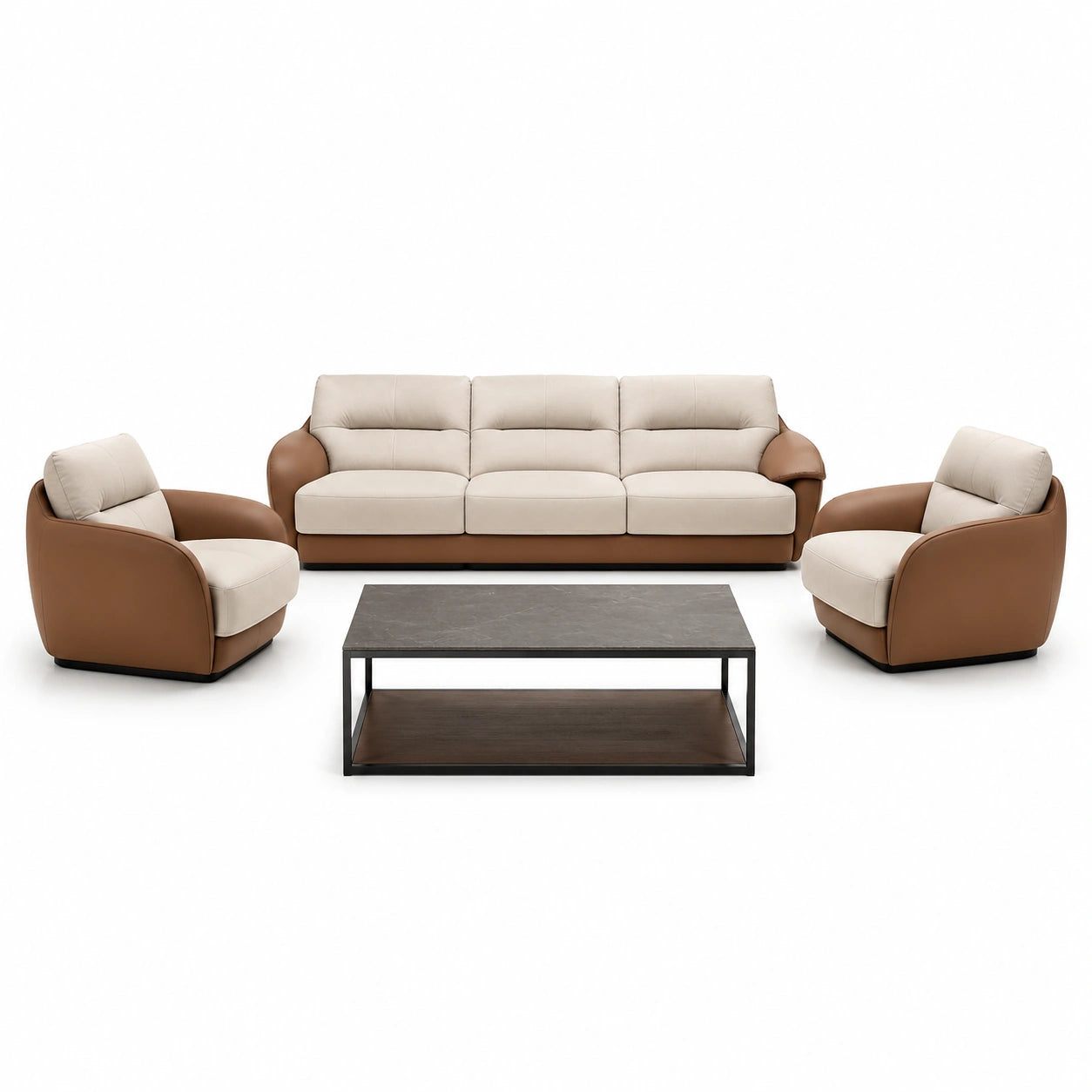 Conjunto de Sofás de Cuero Sintético Beige y Gris con Mesa de Mármol