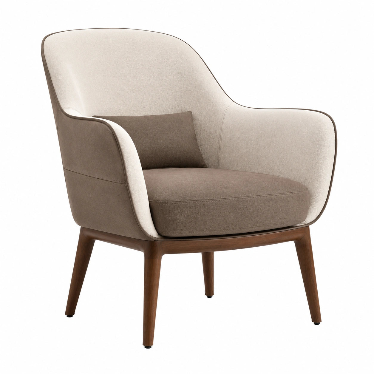 Sillón de tela beige y marrón con estructura de madera