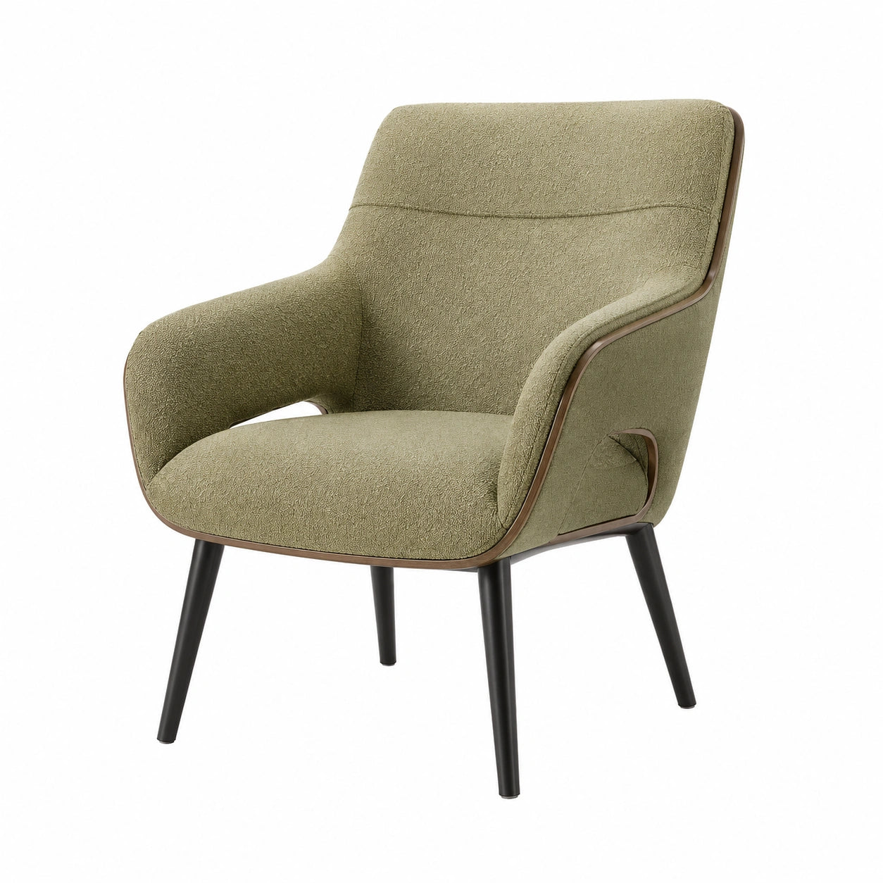 Silla con brazos de poliéster verde con estructura de madera y patas de metal