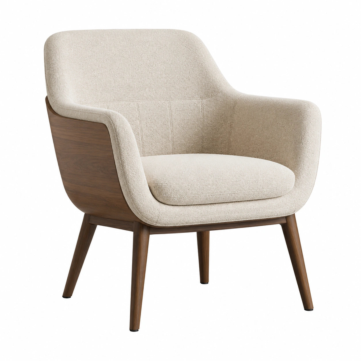 Sillón de tela beige con patas de madera