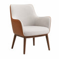 Sillón de poliéster beige y cuero sintético marrón con patas de madera