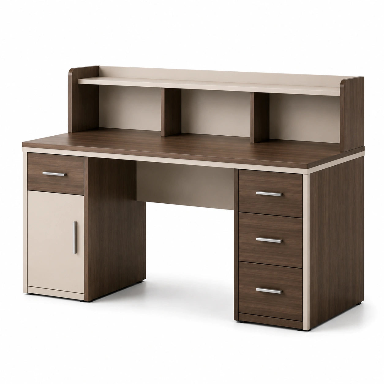 Escritorio de Madera con Cajones y Estante Superior de Roble y Negro