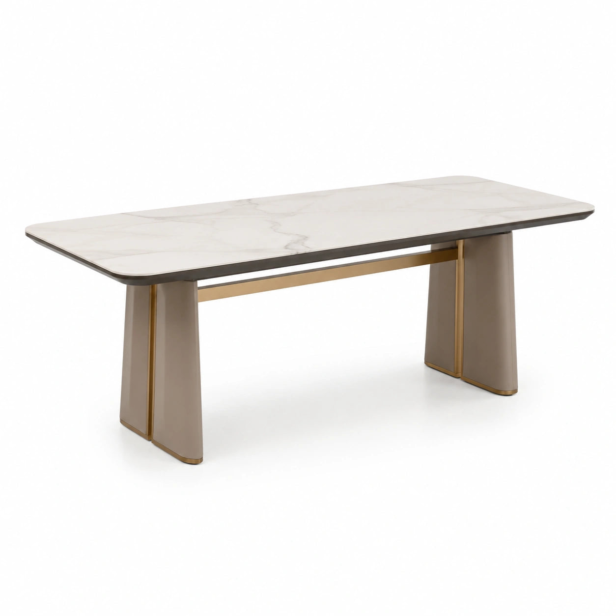 Mesa ovalada de mármol con base metálica azul grisáceo