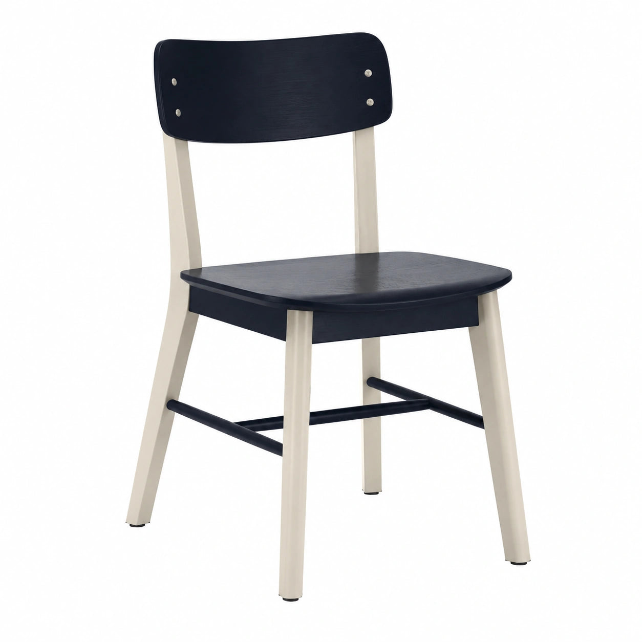 Silla de madera y metal con respaldo rojo y asiento de roble