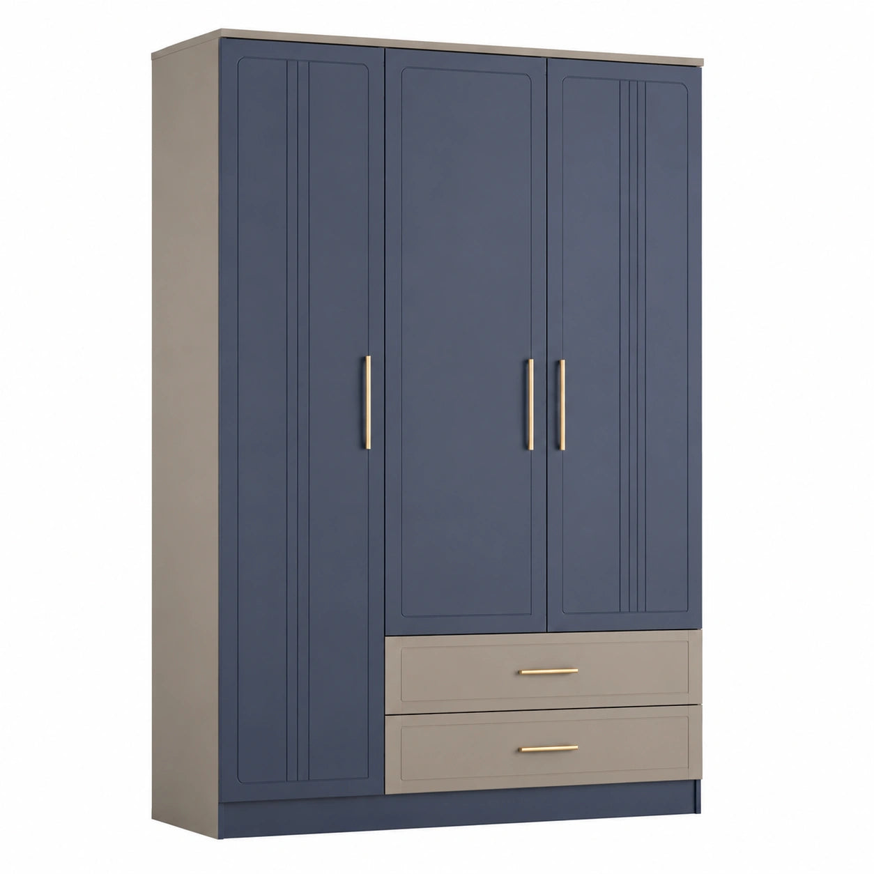 Armario de Madera de Tres Puertas con Tiradores Metálicos en Azul y Beige, 200 cm de Alto