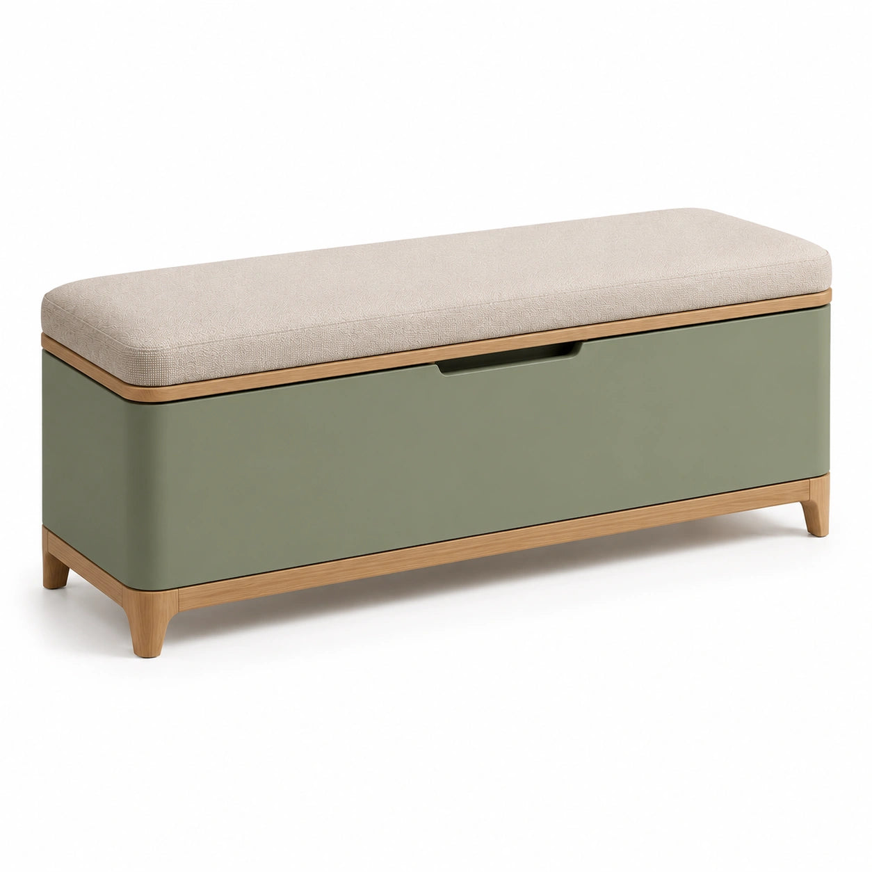 Banco de almacenamiento en MDF con patas de madera y lino
