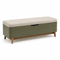 Banco de almacenamiento de madera y metal verde con cojín de tela beige 120x40x45 cm