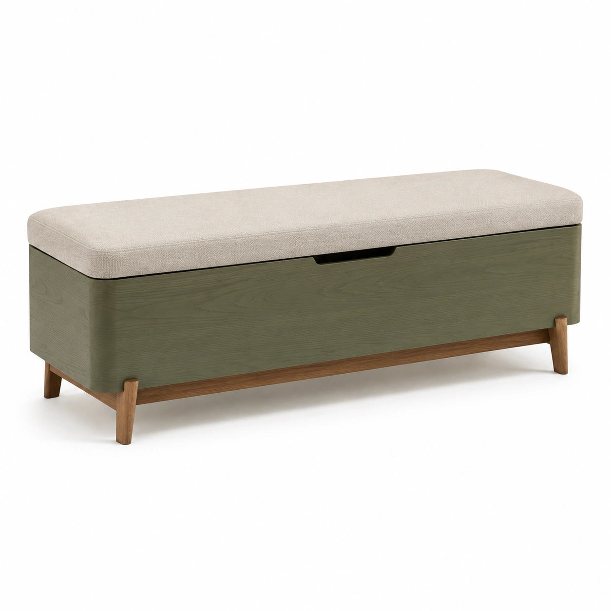 Banco de almacenamiento de madera y metal verde con cojín de tela beige 120x40x45 cm